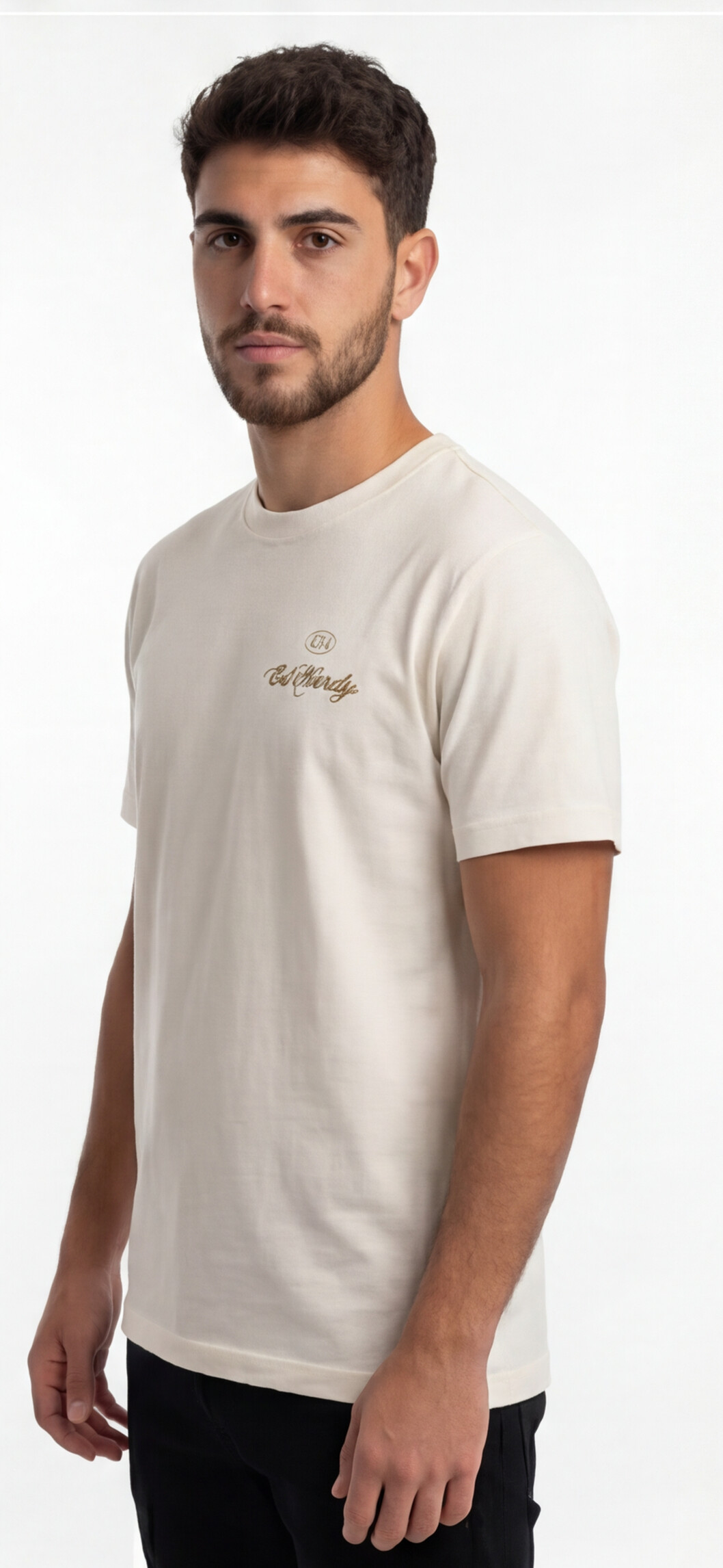 טי שירט Ed Hardy לגברים בצבע קרם עם לוגו כתב קטן בחזה