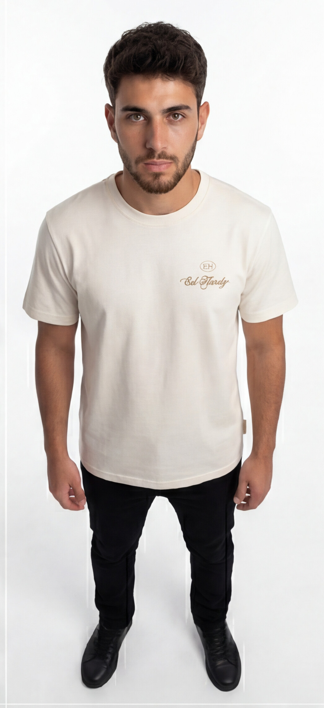 טי שירט Ed Hardy לגברים בצבע קרם עם לוגו כתב קטן בחזה