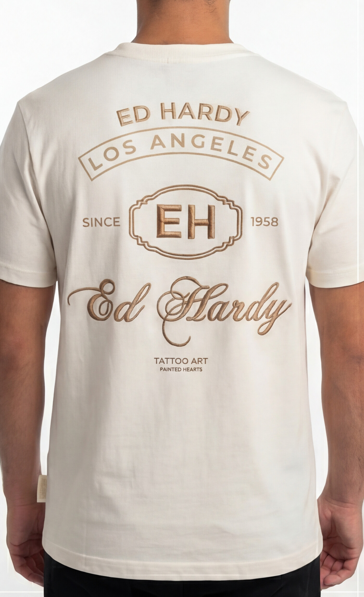 טי שירט Ed Hardy לגברים בצבע קרם עם לוגו כתב קטן בחזה