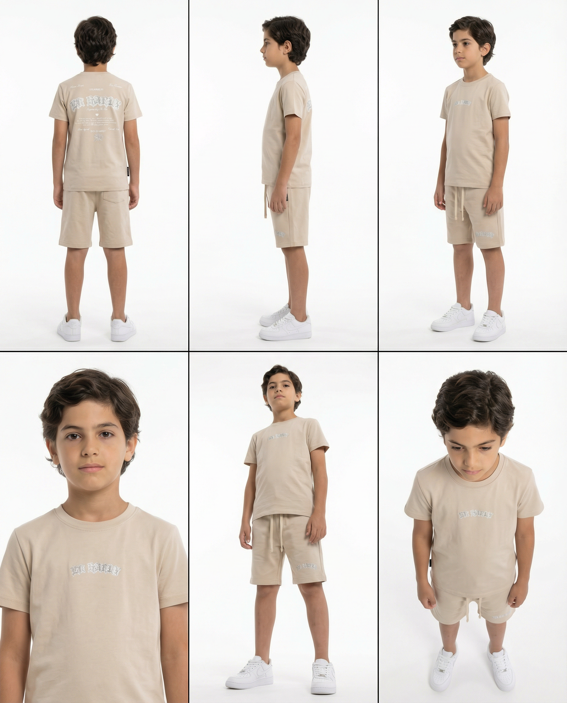 חליפת טי שירט ושורט לילדים בצבע בז׳ עם לוגו