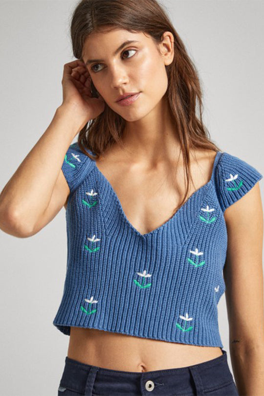 גופייה סרוגה Greer Pepe Jeans לנשים בצבע כחול עם רקמת פרחים