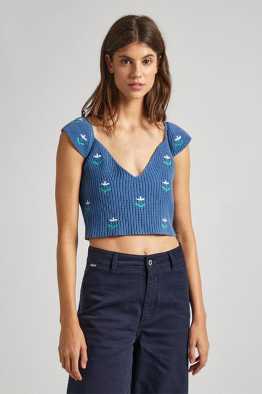 גופייה סרוגה Greer Pepe Jeans לנשים בצבע כחול עם רקמת פרחים