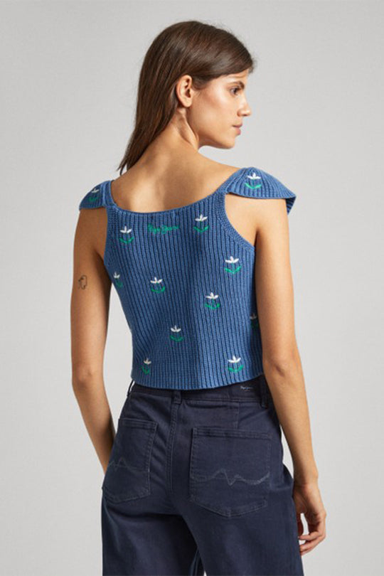 גופייה סרוגה Greer Pepe Jeans לנשים בצבע כחול עם רקמת פרחים