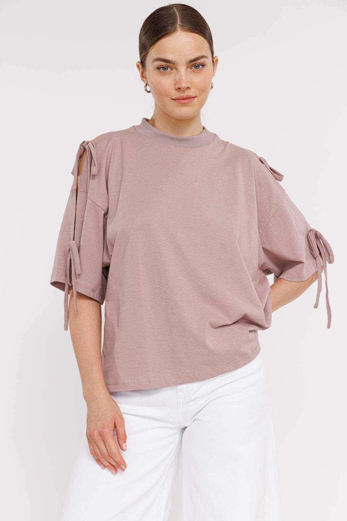 טי שירט קשירות בשרוול Hera בצבע ורוד עתיק