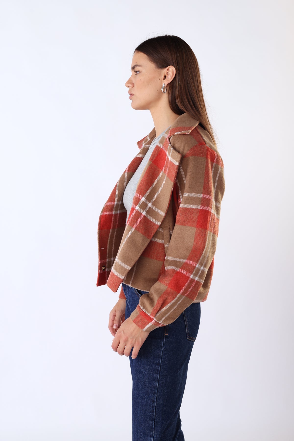 ג'קט Crop בדוגמת משבצות בצבע חום/אדום