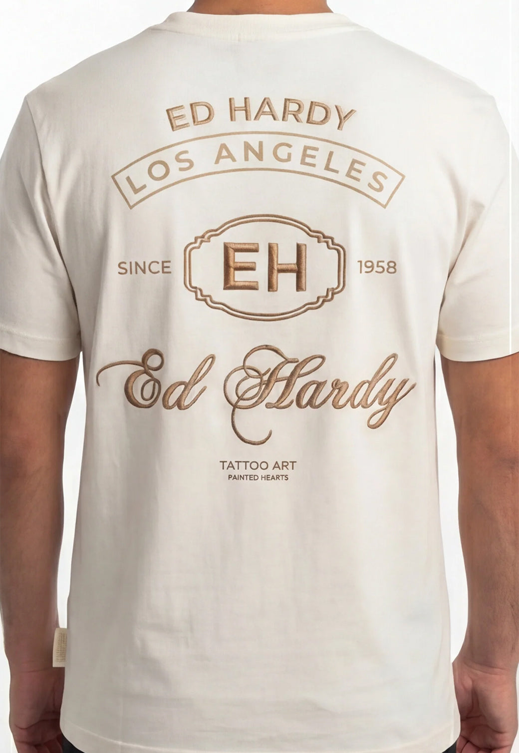 טי שירט Ed Hardy לגברים בצבע קרם עם לוגו כתב קטן בחזה
