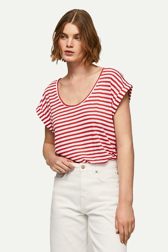 טי שירט Leia Pepe Jeans לנשים בפסים אדום-לבן