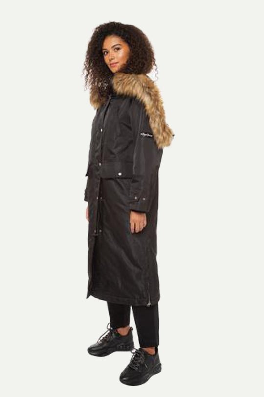מעיל פרקה ארוך Andreah Pepe Jeans לנשים בצבע שחור עם כובע פרווה