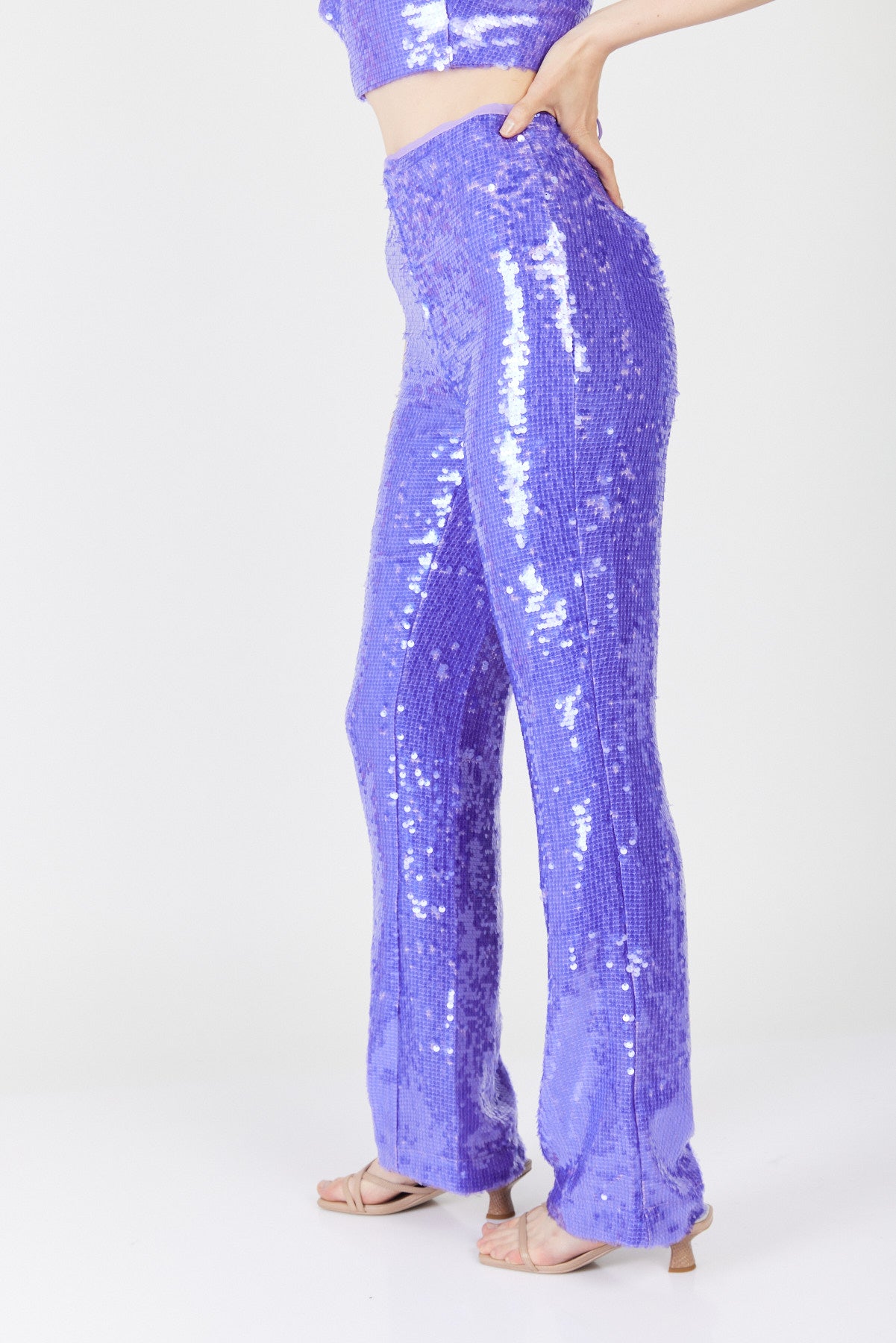 מכנסי פאייטים בגזרה רחבה ננסי בצבע סגול