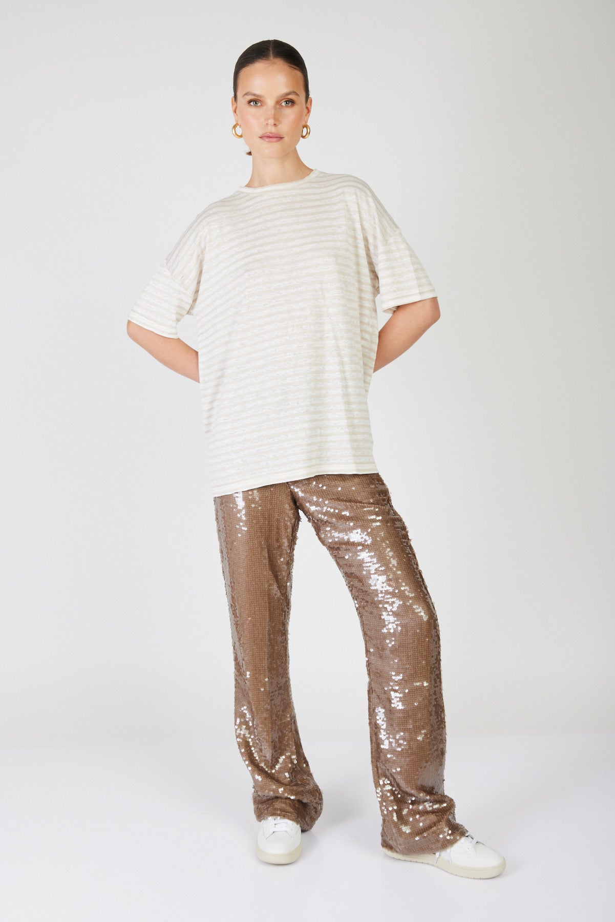 מכנסי פאייטים בגזרה רחבה ננסי בצבע חום