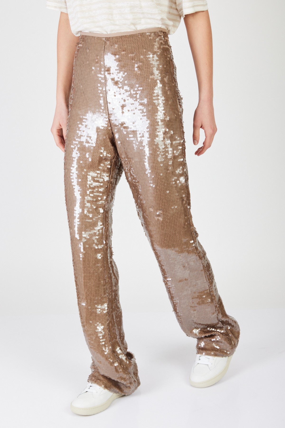 מכנסי פאייטים בגזרה רחבה ננסי בצבע חום