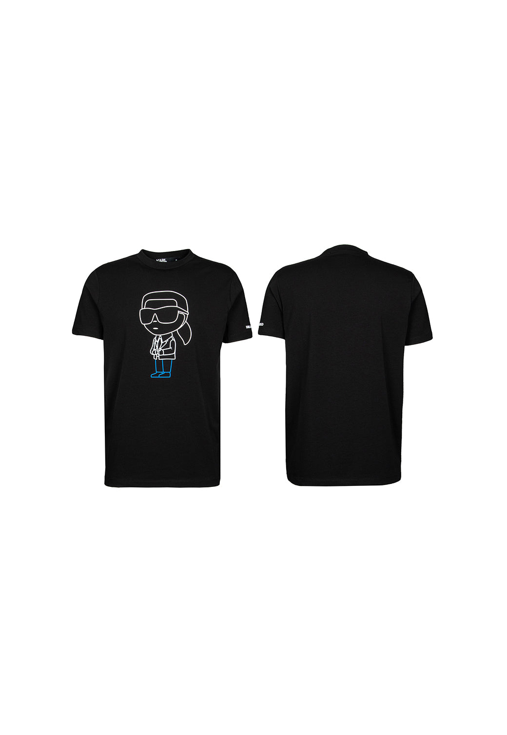 טי שירט Ikonik Karl Lagerfeld לגברים בצבע שחור עם הדפס דמות קרל