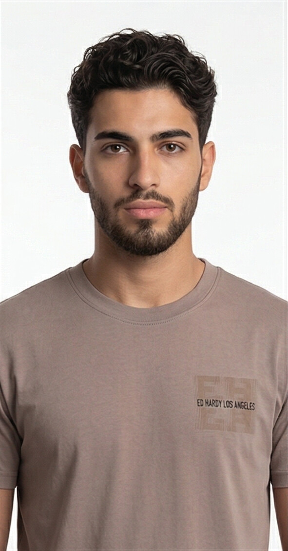 טי שירט Ed Hardy לגברים בצבע קליי עם הדפס מלבני בגב