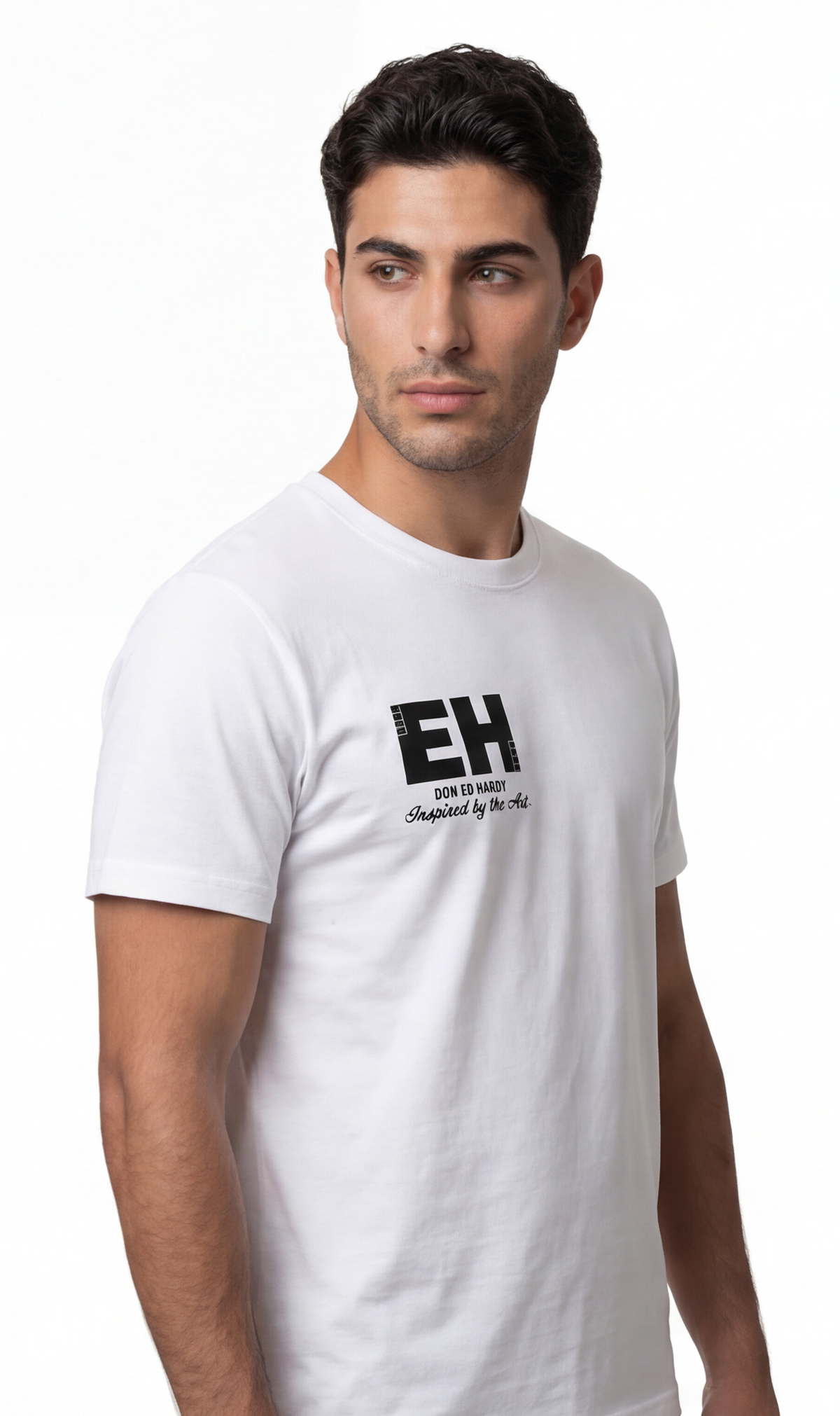 טי שירט Ed Hardy לגברים בצבע לבן עם הדפס HARDY שחור גדול בגב