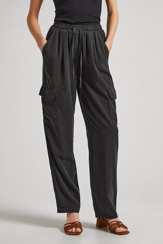 מכנסי קרגו EVA Pepe Jeans לנשים בצבע אפור עם מותן אלסטית