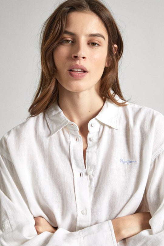 חולצה מכופתרת ארוכה Philly Pepe Jeans לנשים בצבע לבן מפשתן
