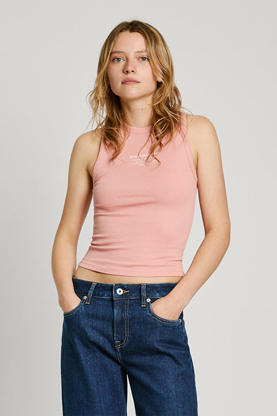 גופיית ריב VIV Pepe Jeans לנשים בצבע ורוד עם הדפס לוגו