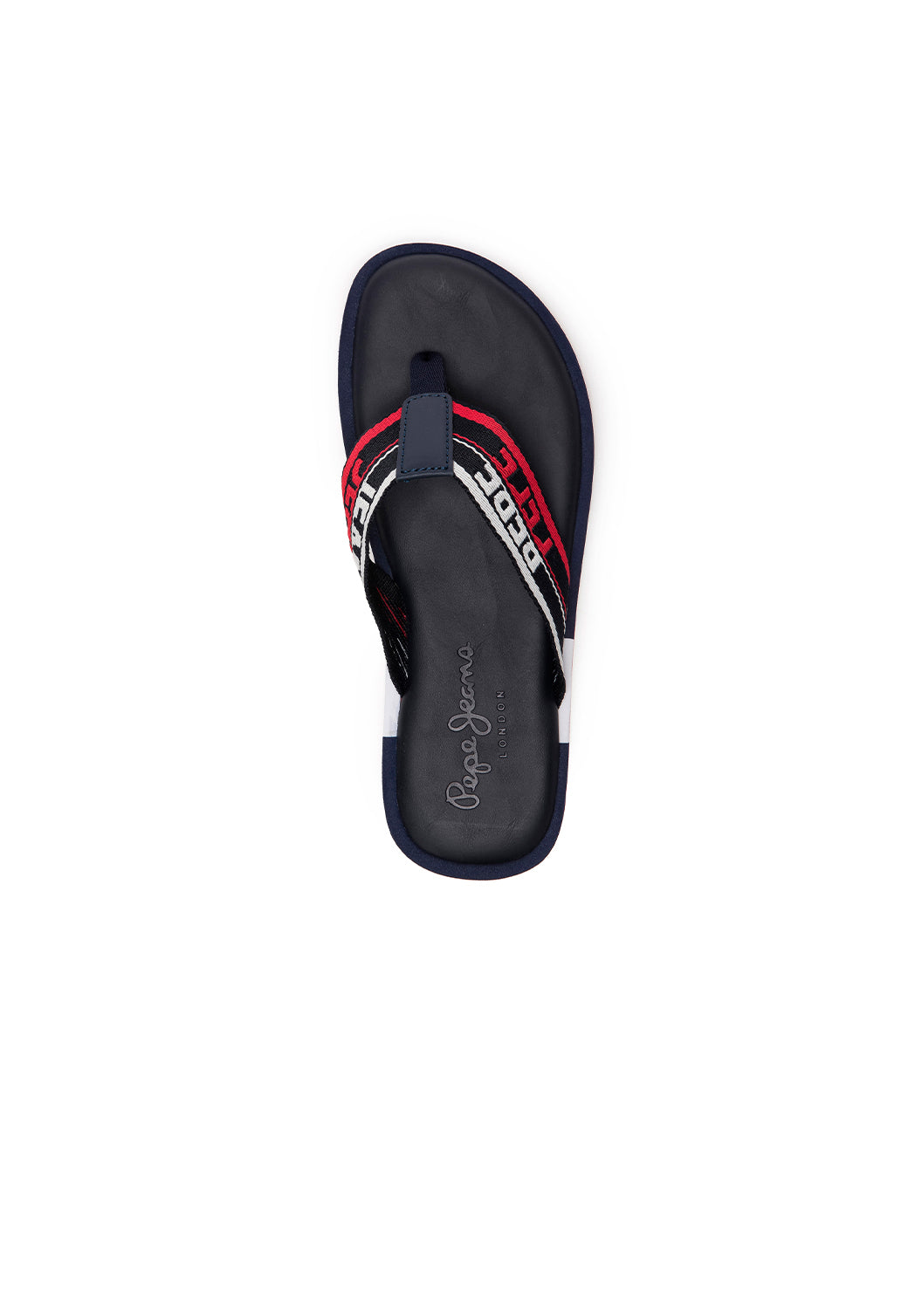 כפכפי אצבע לגברים בצבע כחול עם רצועות בד אדום-לבן-כחול והדפס טקסט.
