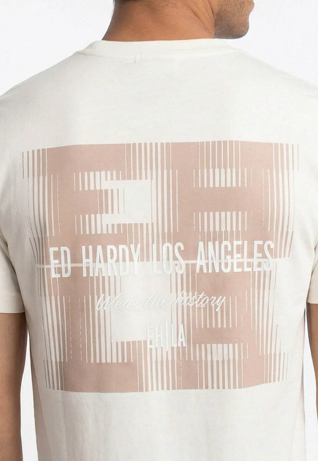 טי שירט Ed Hardy לגברים בצבע קרם עם הדפס EH גדול בגב