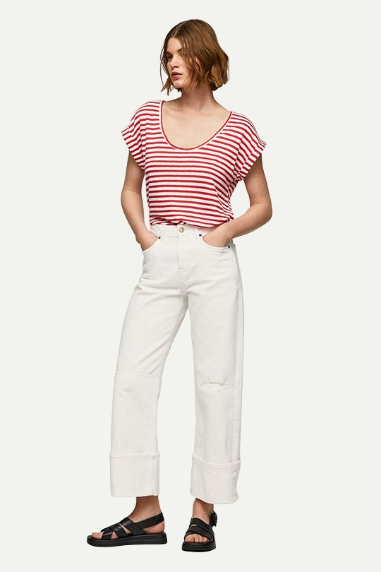 טי שירט Leia Pepe Jeans לנשים בפסים אדום-לבן