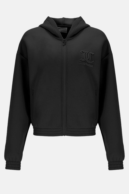 קפוצ'ון Neoprene Juicy Couture לנשים בצבע שחור עם כיסי קנגרו מרוכסנים
