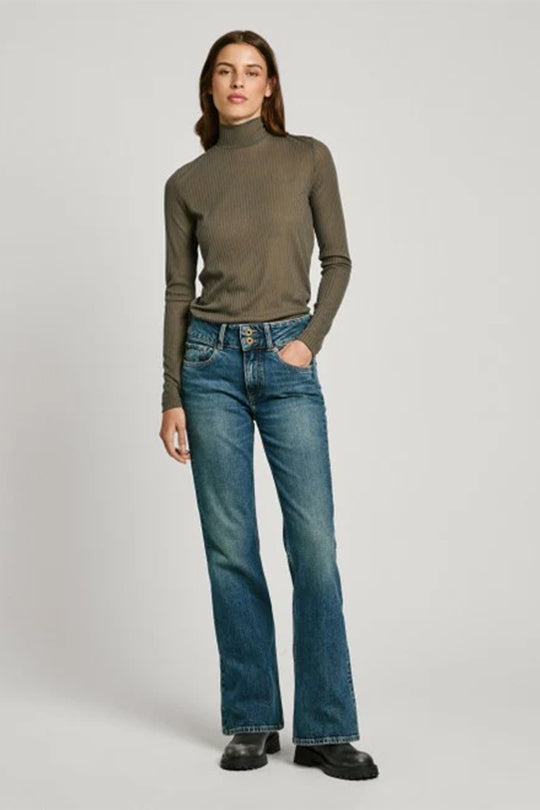חולצת גולף FLORY Pepe Jeans לנשים בצבע ירוק זית בגזרה צמודה