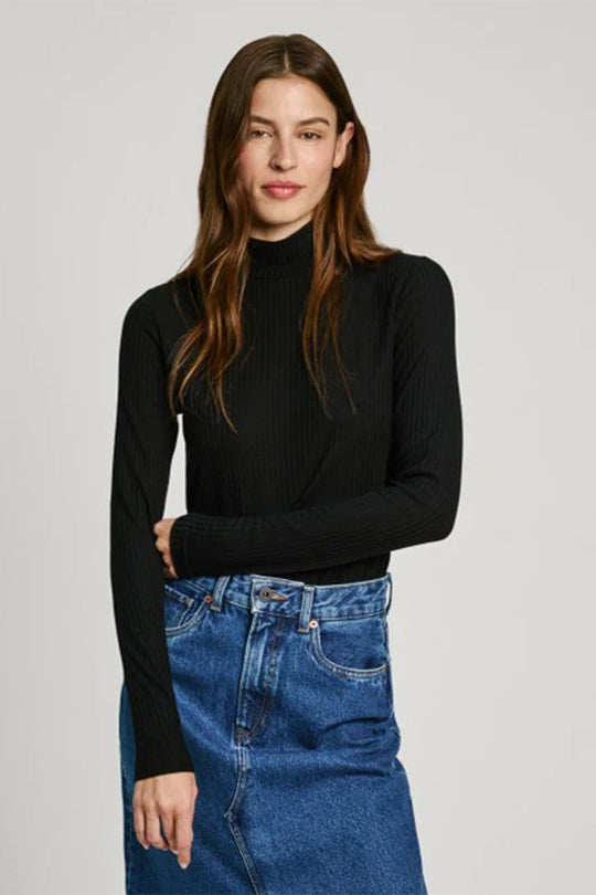חולצת גולף FLORY Pepe Jeans לנשים בצבע שחור עם שרוולים ארוכים