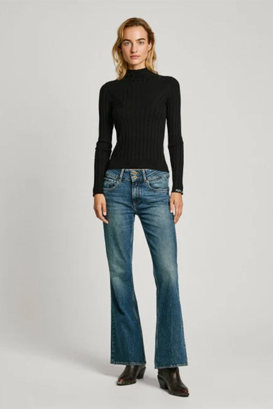 סריג גולף Pepe Jeans לנשים בצבע שחור עם טקסטורת פסים עדינה